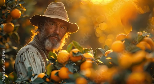 Man with beard in orange grove at sunset, surrounded by ripe fruit, reflecting tranquility and beauty of nature.