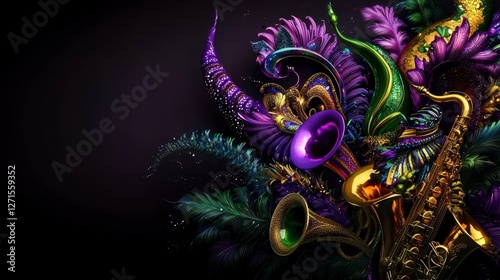 Mardi Gras celebration excitement concept. A vibrant arrangement of colorful musical instruments intertwined with decorative elements, set against a dark backdrop.