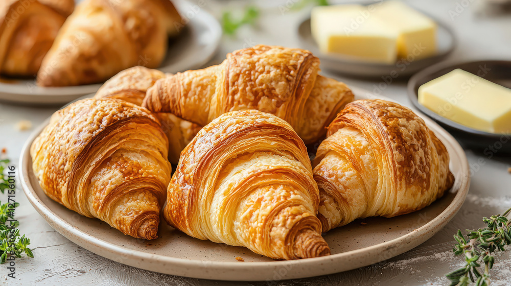 A plate of freshly baked croissants with butter A plate of freshly baked croissants with butter