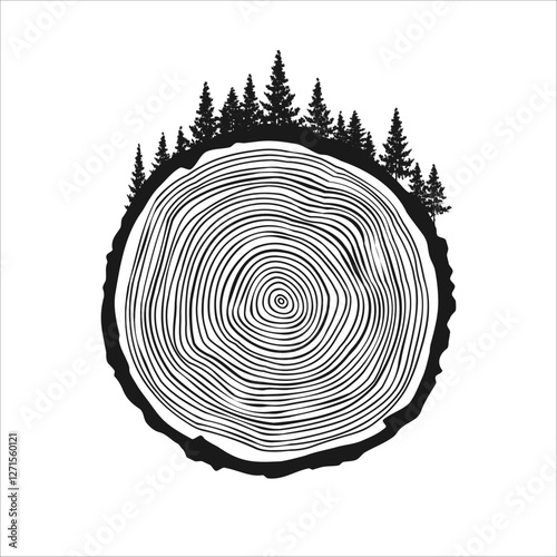 Round tree trunk cut with trees and forest. Sawn pine or oak slice, lumber. Saw cut timber, wood. Brown wooden texture with tree rings. Hand drawn sketch. Vector illustration