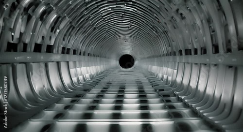 Exploring Depth of Metallic Tunnel An Industrial Design Perspective with Intricate Reflections and Unique Interior Patterns