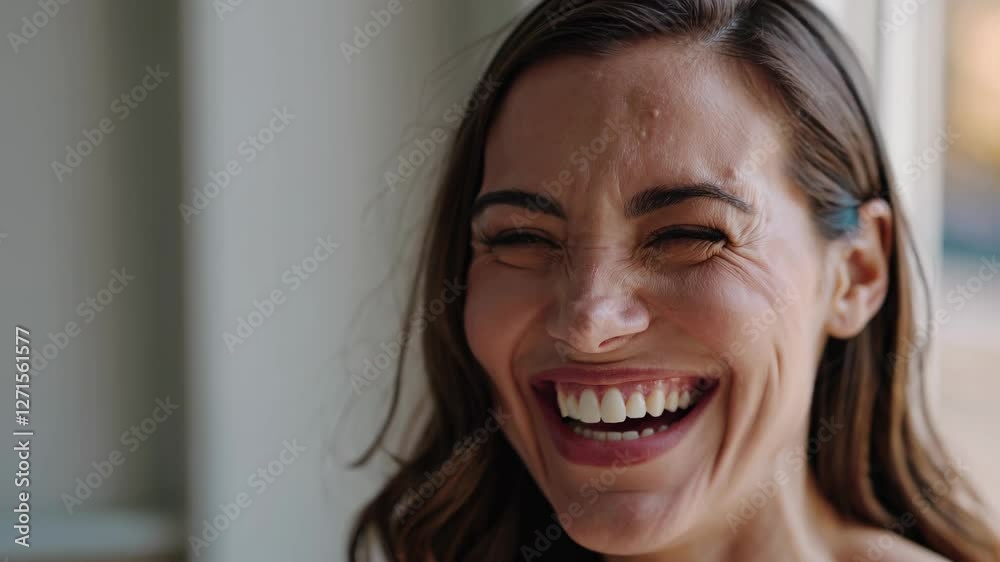 Smiling woman enjoys a moment of joy while interacting in a cozy setting during daylight Smiling woman enjoys a moment of joy while interacting in a cozy setting during daylight