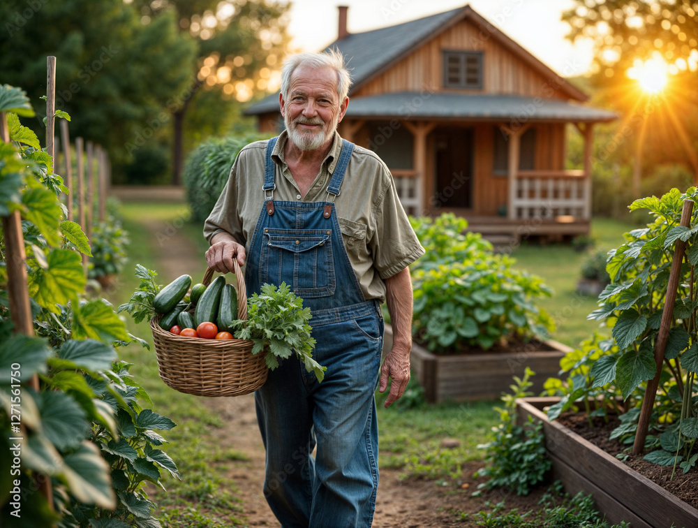 Fototapeta premium A senior man in overalls carries a basket of fresh vegetables from his garden at sunset, with a rustic house in the background.