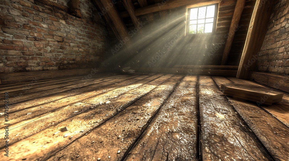 Obraz premium Dusty attic floorboards gleam softly in sunlit shafts. AI Generated