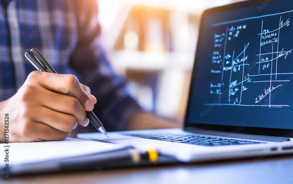 Person working on a laptop with engineering drawings, focused on calculations in a bright office Person working on a laptop with engineering drawings, focused on calculations in a bright office