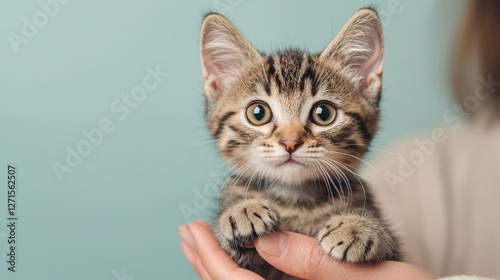 Foster care helps pets find adoption homes. A cute tabby kitten is held in a person's hand, looking curiously at the camera against a soft blue background.