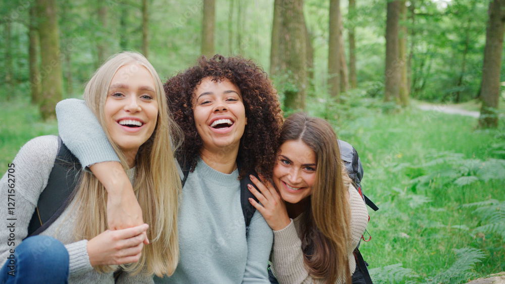 Portrait Of Smiling Multi-Cultural Group Of Female Friends Hiking Through Forest In UK Lake District Portrait Of Smiling Multi-Cultural Group Of Female Friends Hiking Through Forest In UK Lake District