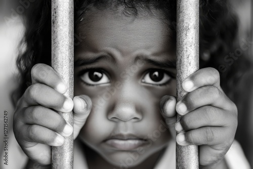 A young child grasps the bars with wide eyes, creating a haunting image that captures the heart-wrenching emotions of confinement and the yearning for freedom. photo