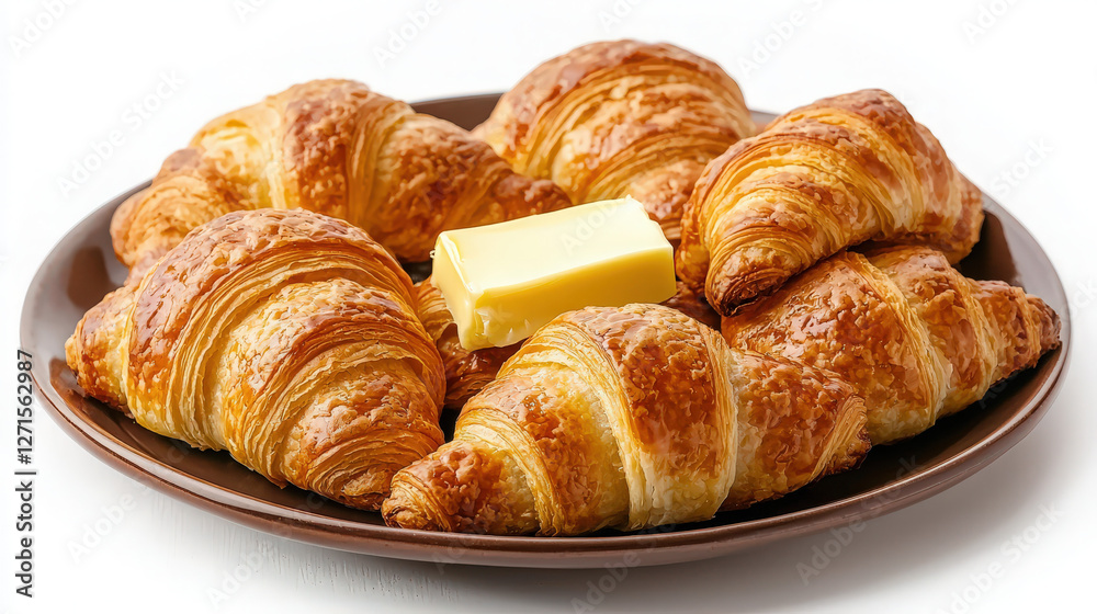 A plate of freshly baked croissants with butter A plate of freshly baked croissants with butter