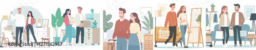 A couple shopping for furniture, feeling excited about their new home. Style flat design, simple, minimalist, background white. Standing fullbody.