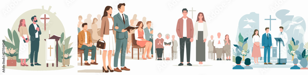 A couple attending a religious service, feeling spiritual. Style flat design, simple, minimalist, background white. Standing fullbody. A couple attending a religious service, feeling spiritual. Style flat design, simple, minimalist, background white. Standing fullbody.