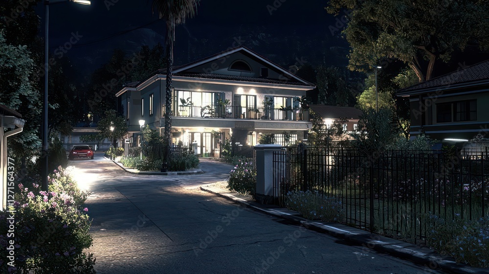 Night View of a Two Story House on a Residential Street Night View of a Two Story House on a Residential Street