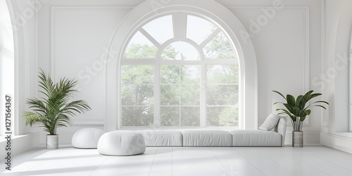 Elegant arched window with flowing white curtains in a bright minimalist room, symbolizing peace, openness, and natural light