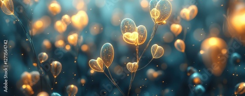 Ethereal Glow of Delicate Flower Buds in Soft Blue and Orange Background with Sparkling Highlights