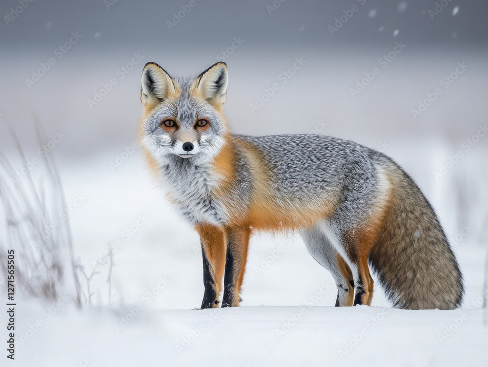 Fototapeta premium Lone Gray Fox Standing Gracefully in a Snowy Landscape Exploring Its Winter Habitat