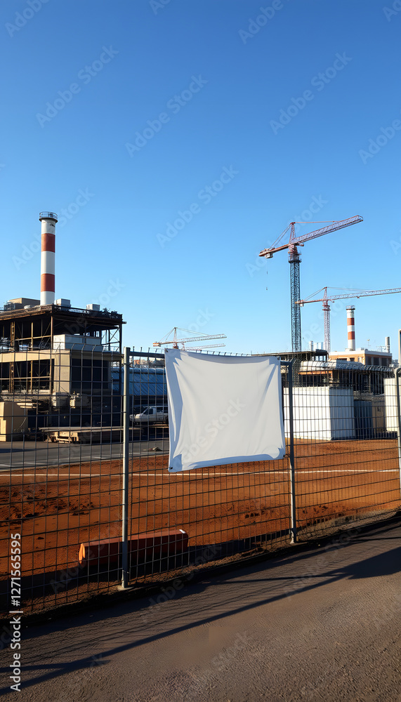 Obraz premium Blank white banner for advertisement on the fence of factory under construction. Industrial area on a sunny day, Backlit. White tone