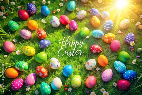 Aerial View of Colorful Easter Eggs Scattered on Lush Green Grass in Sunny Springtime