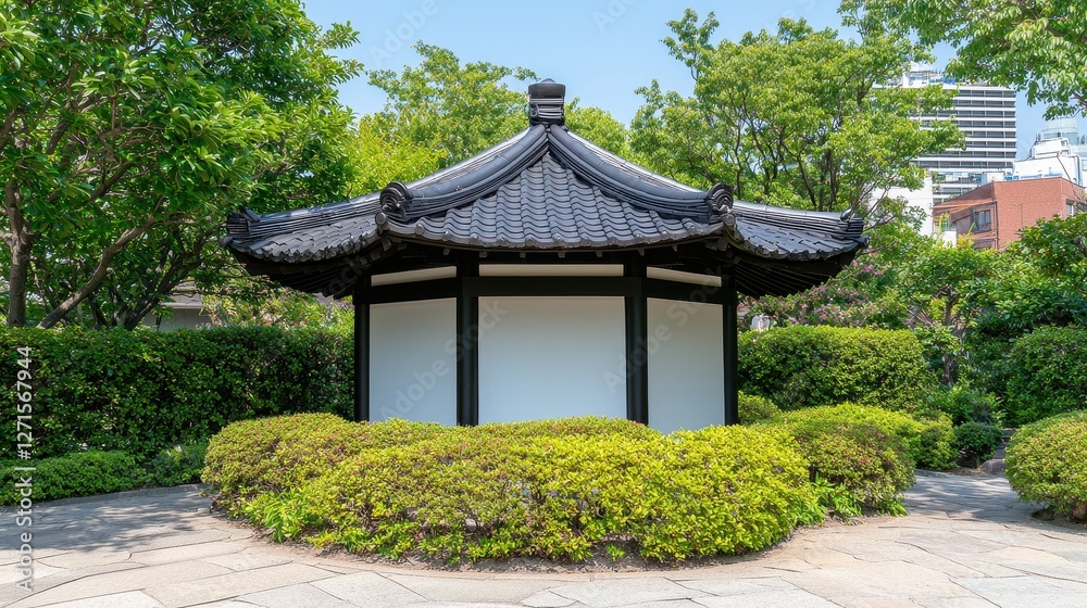 Tranquil Japanese Pavilion Surrounded by Lush Greenery in Park