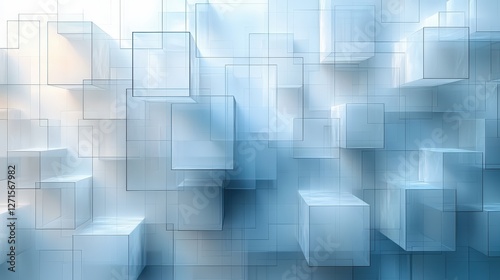 Abstract Geometric Background with Overlapping Translucent Cubes and Rectangular Prisms in Shades of Light Blue and White (Background, Geometry, Minimalism, Light Blue, White)