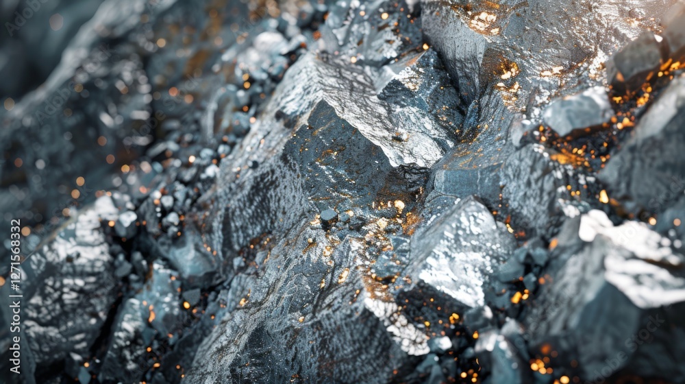 Rugged rock formation displays a mix of textured surfaces and metallic minerals reflecting sunlight, creating a sparkling effect, indicative of a natural geological feature. Rugged rock formation displays a mix of textured surfaces and metallic minerals reflecting sunlight, creating a sparkling effect, indicative of a natural geological feature.