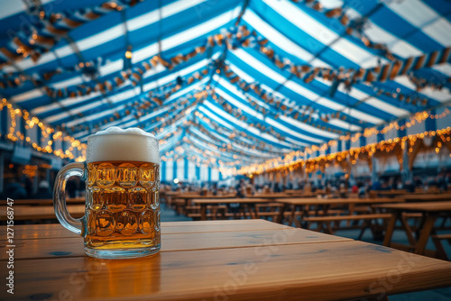 Large beer hall tent with blue and white stripes, decorated with festive lights and wooden benches photo