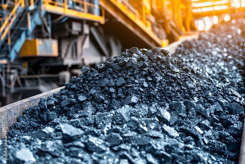 Coal Mining Process: A close-up shot captures the raw power and industrial process of coal transportation. Piles of freshly mined coal, showcased on a moving conveyor belt.