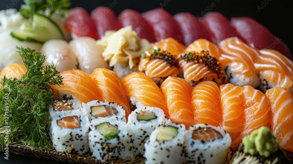 A beautifully arranged sushi platter with wasabi and ginger A beautifully arranged sushi platter with wasabi and ginger