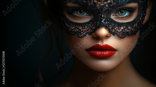 Close up view of elegant and dominant woman wearing intricately designed black lace mask. dramatic lighting enhances her intense gaze and vivid red lips creating captivating atmosphere.