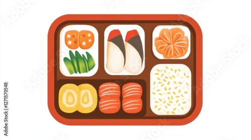 A traditional Japanese bento box with rice, vegetables, and fish.
