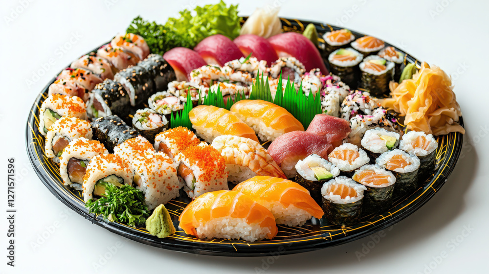 A beautifully arranged sushi platter with wasabi and ginger A beautifully arranged sushi platter with wasabi and ginger