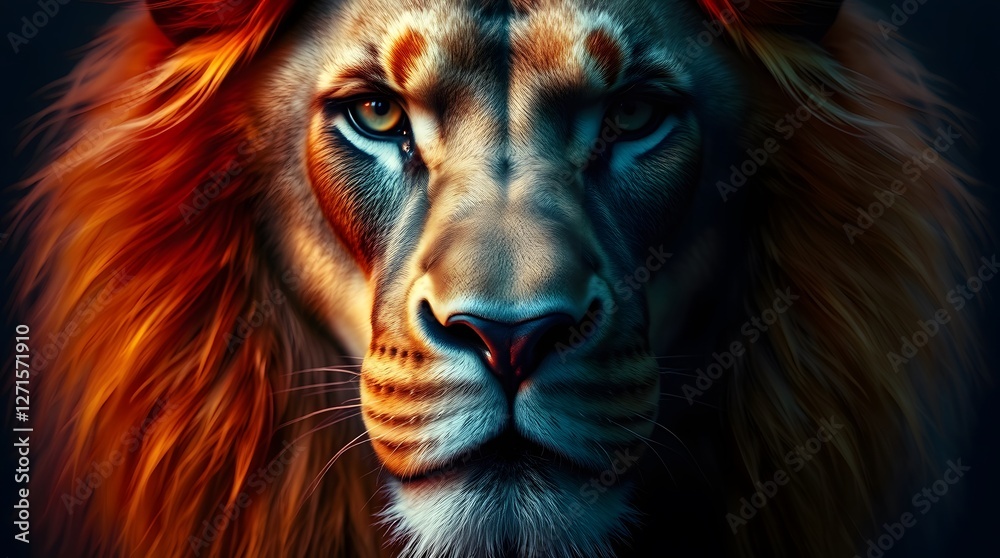 Fototapeta premium Majestic Lion Portrait with Intense Gaze and Glowing Mane