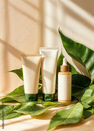 beauty treatment and skincare concept - cosmetic bottles with green leaves on beige background. Natural Skincare Products