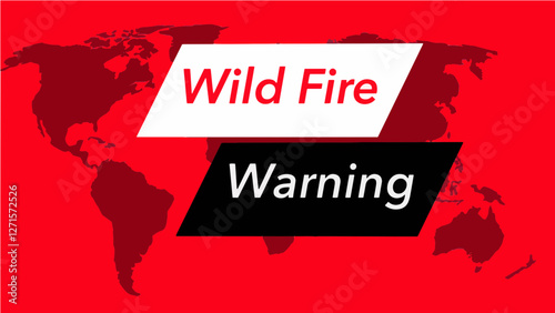 Wild fire news banner. A television weather banner, known as an “over the shoulder”  is seen with a map of the world showing the United States. Colors are red, black and this is a vector graphic .
