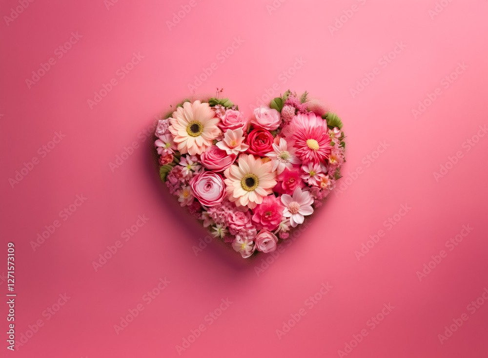 Heart shape of pink and white flowers on a pink backdrop. Floral arrangement in the form of a heart. Blossoms and petals create a lovely, romantic design. Heart shape of pink and white flowers on a pink backdrop. Floral arrangement in the form of a heart. Blossoms and petals create a lovely, romantic design.