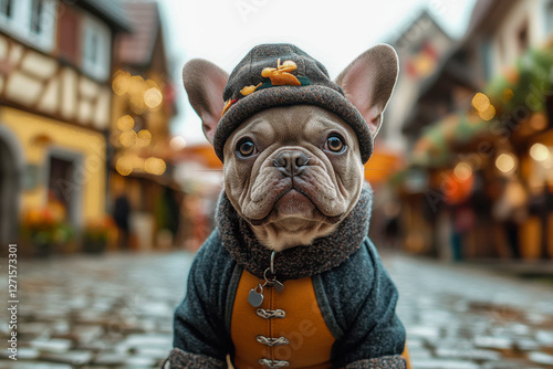Stylish French bulldog dressed in mini lederhosen and a hat, posing in a charming European village