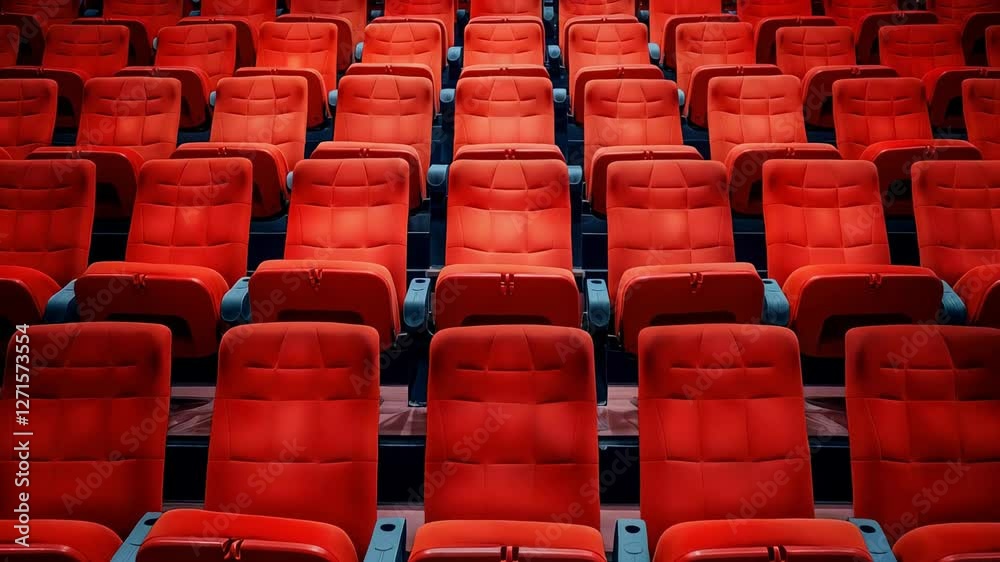 Theatre seating revealing geometric crimson rows, empty chairs forming symmetrical architectural pattern from minimalist perspective Theatre seating revealing geometric crimson rows, empty chairs forming symmetrical architectural pattern from minimalist perspective