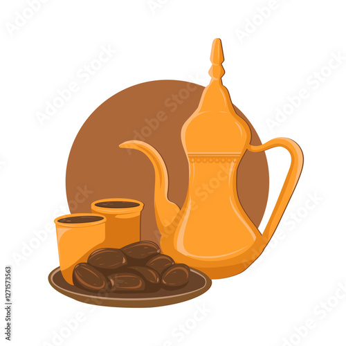 Metal pot with a long spout. Traditional Arabic coffee mug and coffee cups