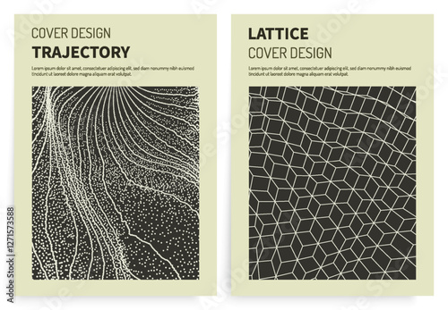 A lattice structure of blocks. Scientific or technological background. 3D lattice surface. An array with dynamic particles. Cover design template. Illustration for brochure, poster, flyer or banner.