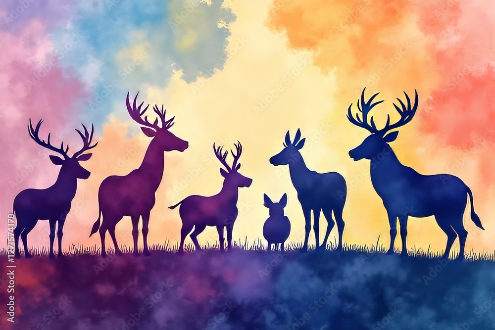 Naklejka premium Watercolor Silhouette Deer Group in a Colorful Landscape