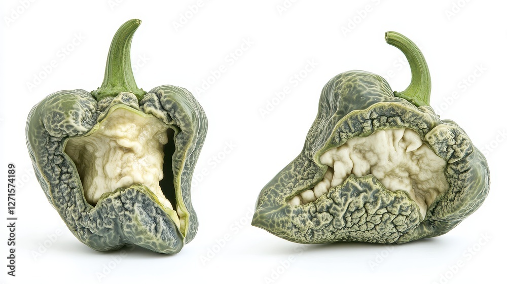 Naklejka premium Two unique green peppers are partially cut open, revealing their wrinkled surfaces against white