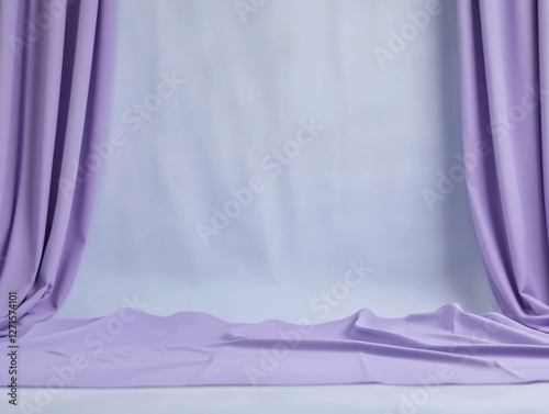 Soft lavender drapes elegantly frame a pale backdrop creating a serene studio scene. AI Generated