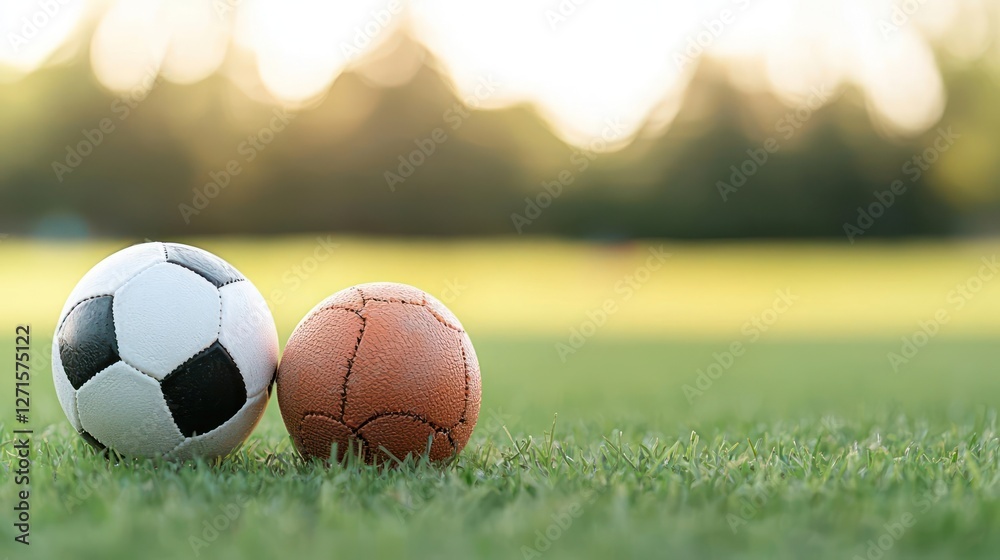 Two Soccer Balls on Green Grass Field at Sunset Two Soccer Balls on Green Grass Field at Sunset