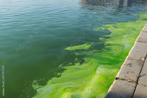 The Whispers of Green: An image depicts an ecosystem in distress, with an aquatic scene marked by the unnerving presence of algae bloom.