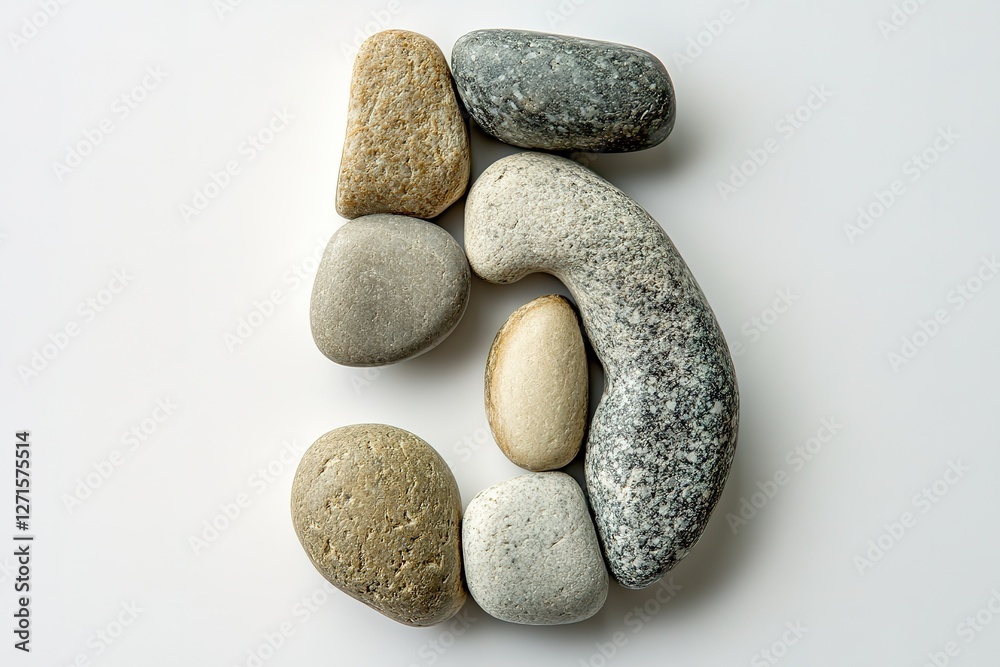Rustic Number Five: Smooth River Stones Forming a Number 5 on a Pristine White Background, Perfect for Craft Projects, Nature-Themed Designs, and Counting Themes. Ideal for blogs, websites, Rustic Number Five: Smooth River Stones Forming a Number 5 on a Pristine White Background, Perfect for Craft Projects, Nature-Themed Designs, and Counting Themes. Ideal for blogs, websites,