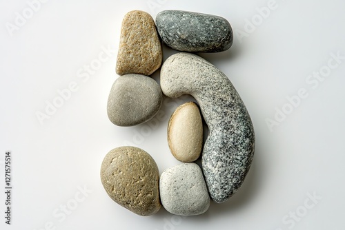 Rustic Number Five: Smooth River Stones Forming a Number 5 on a Pristine White Background, Perfect for Craft Projects, Nature-Themed Designs, and Counting Themes. Ideal for blogs, websites,           