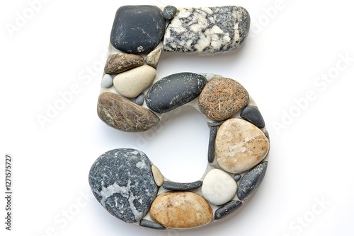 Stone Number Five: Rustic Charm, Natural Texture, Pebble Numeral, Five Shaped with Stones, Number 5 Design, Coastal Theme, Beach Pebbles, White Background, Simple Number, Elegant Five, Rock Formation, photo