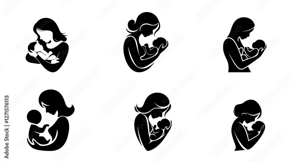 Naklejka premium A Set Of Six Black Silhouette Icons Depicting Mothers Lovingly Holding Their Babies.