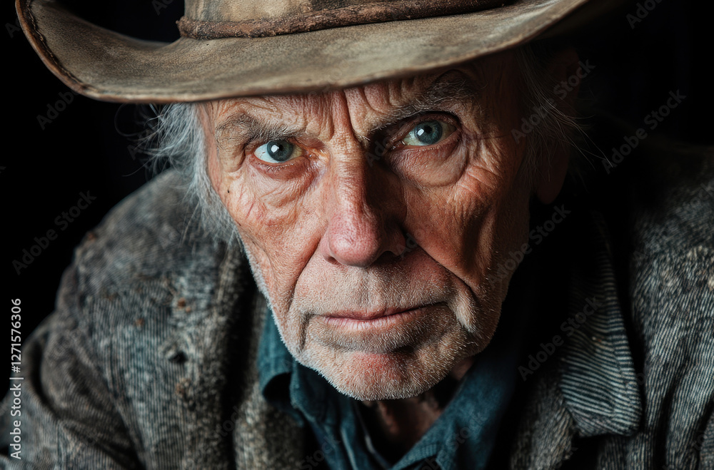 Close-up view of an elderly man's face revealing fine lines, expressive blue eyes, and a weathered skin texture, conveying wisdom and resilience Close-up view of an elderly man's face revealing fine lines, expressive blue eyes, and a weathered skin texture, conveying wisdom and resilience