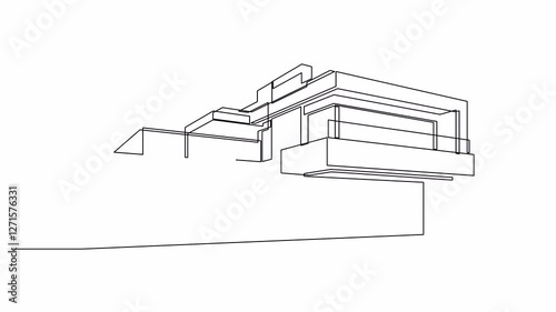 Self drawing animation of modern flat roof house drawn by continuous line. Animated minimalist commercial building black one line sketch.