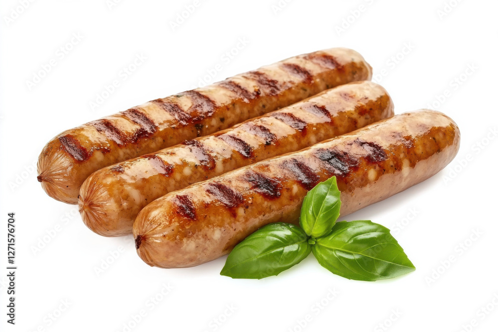 Grilled sausages with charred grill marks and fresh basil leaves on a white background Grilled sausages with charred grill marks and fresh basil leaves on a white background